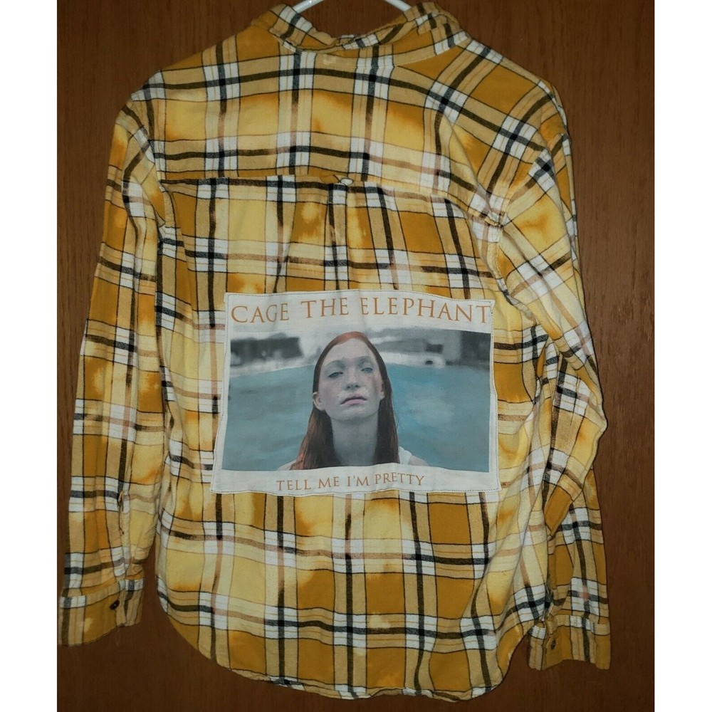 Womens Upcycled Bleach Washed Yellow Flannel Band Tee Cage The Elephant
